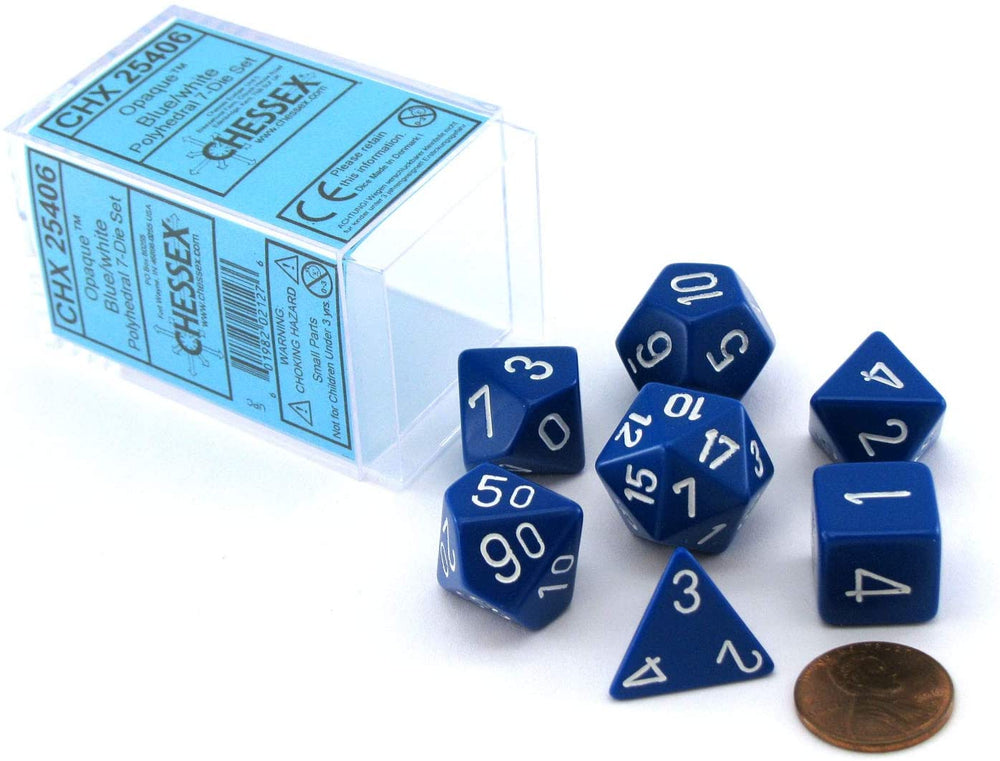 Opaque Blue/White Polyhedral 7-Die Set - TCG Master